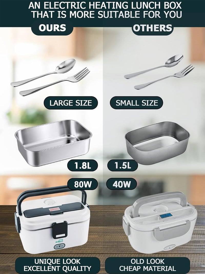 Buddew Electric Lunch Box for Adults, 80W Heated Lunch Box 1.8L Stainless Steel Portable Food Warmer,12/24/110V Lonchera Electrica Portatil for Travel & Work, Loncheras para Hombres de Trabajo(Gray) - Image 5